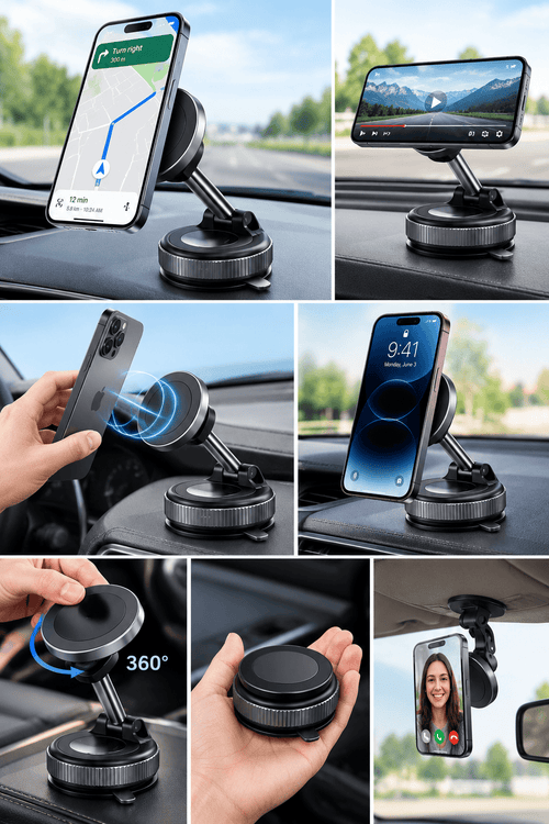 360° Magnetic Car Phone Holder – Strong Vacuum Suction Mount