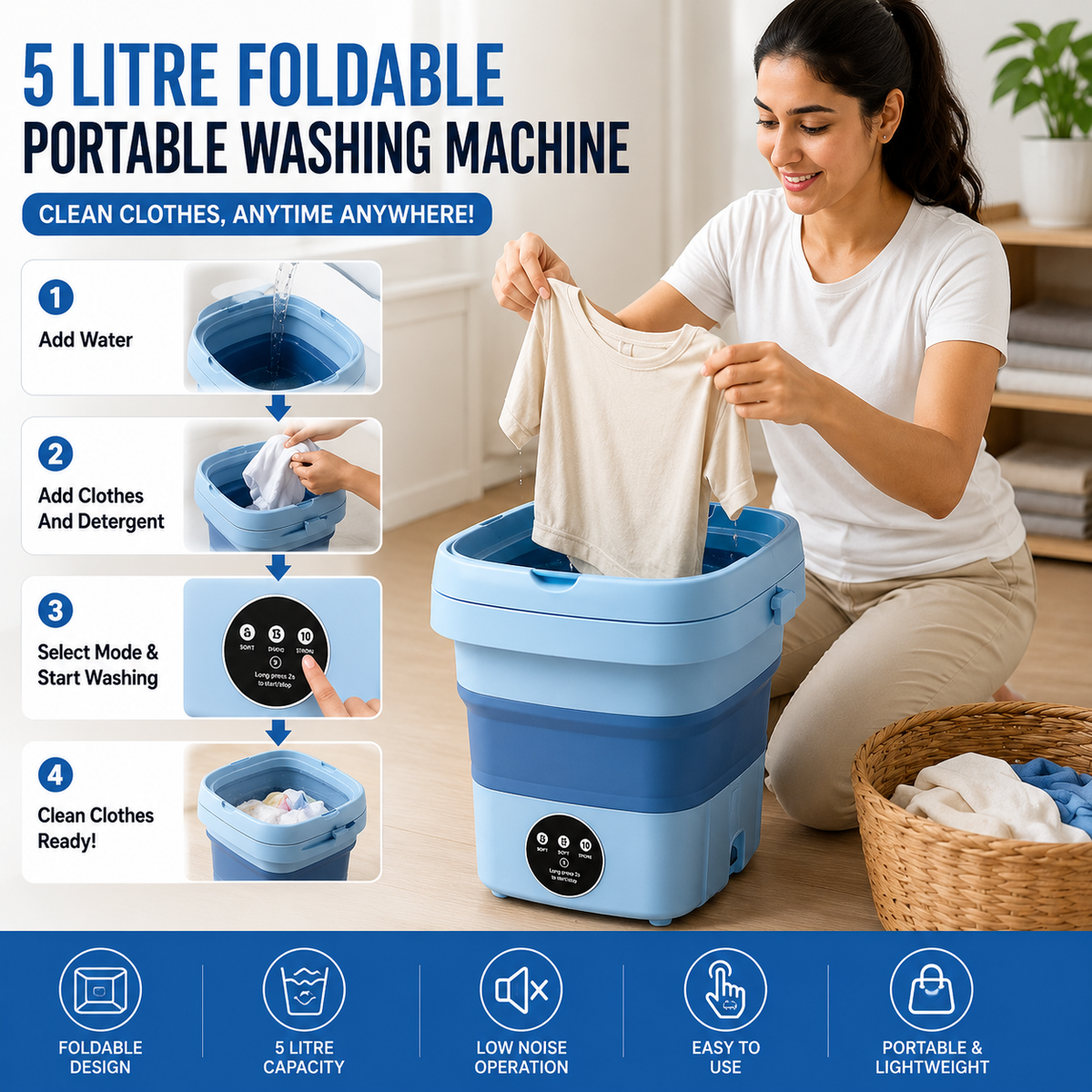 5 Litre Foldable Portable Washing Machine - Compact Mini Washer