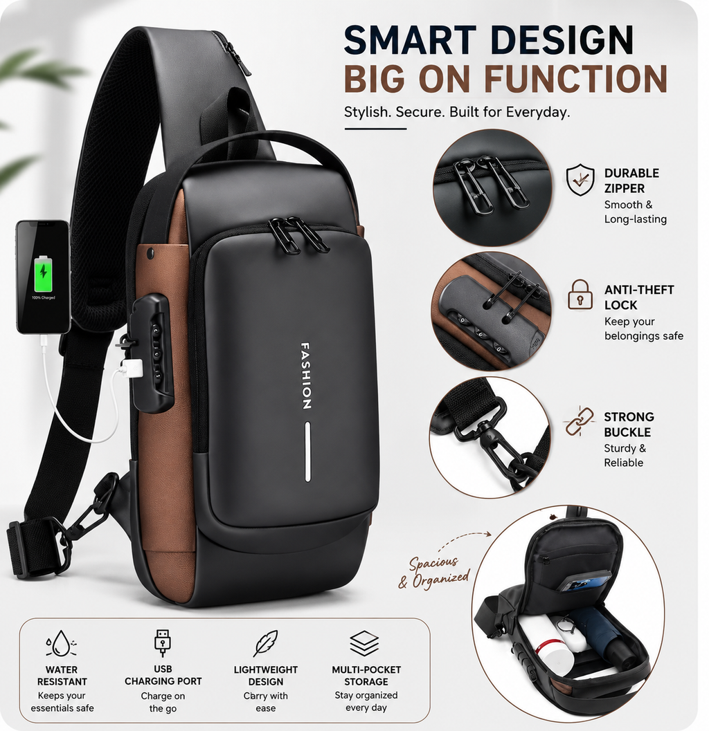 BAGSTREET Waterproof Anti-Theft Sling Bag with USB Port & Lock