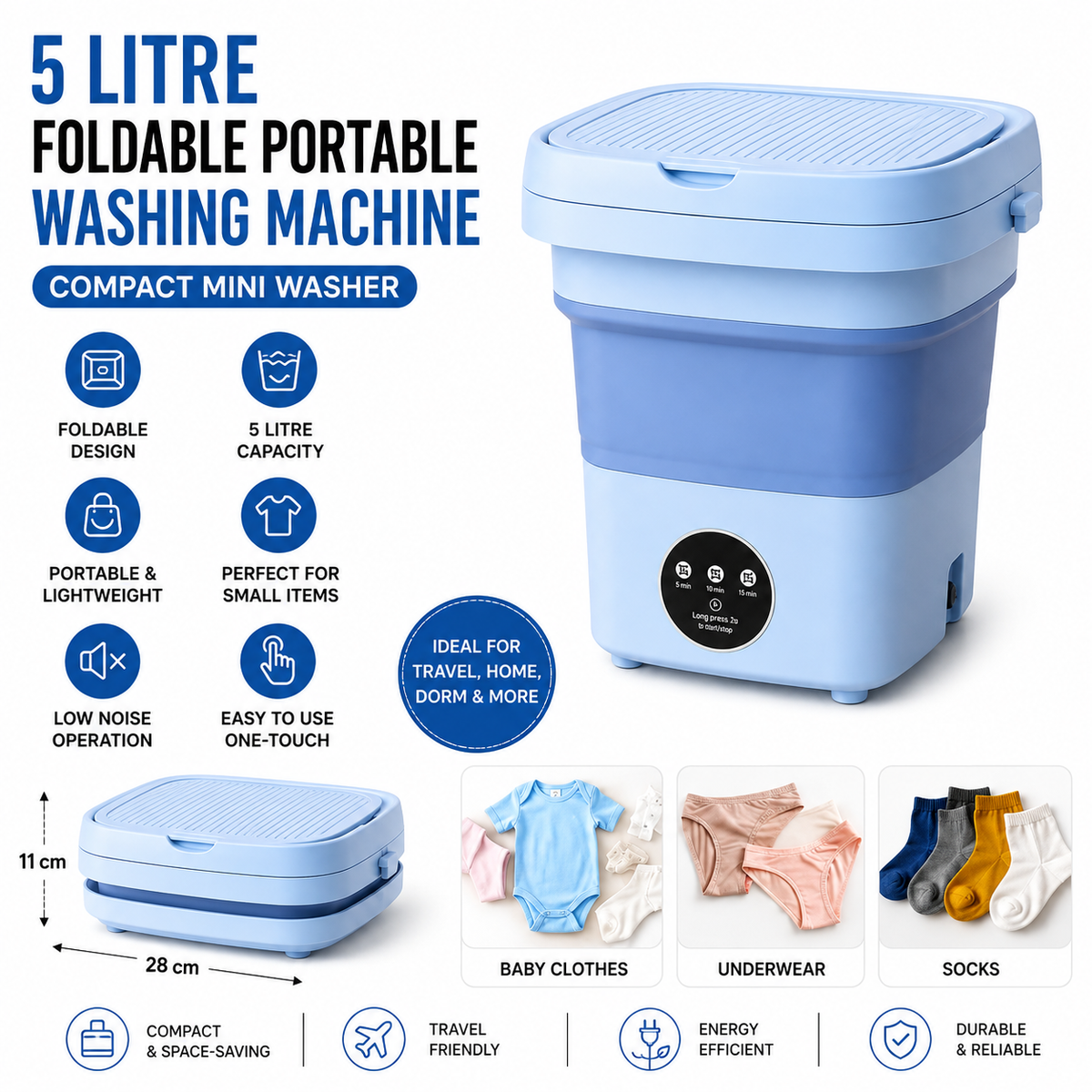 5 Litre Foldable Portable Washing Machine - Compact Mini Washer